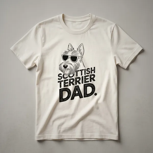 Black t-shirt featuring a stylized graphic of a Scottish Terrier dog's head with the text 'Scottish Terrier Dad'.
