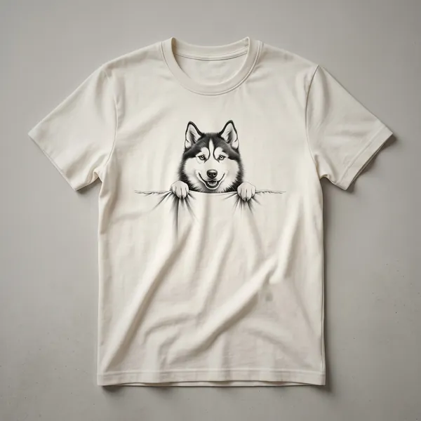 White graphic t-shirt featuring a cartoon-style Alaskan Malamute dog peeking from the left side of the design, with its head and shoulders visible.