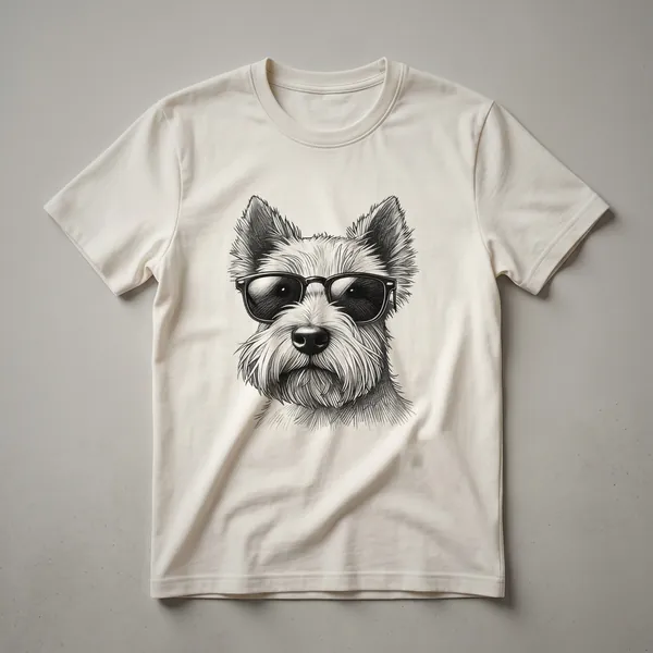 Black t-shirt featuring a graphic of a Scottish Terrier dog wearing sunglasses with a subtle patriotic theme.
