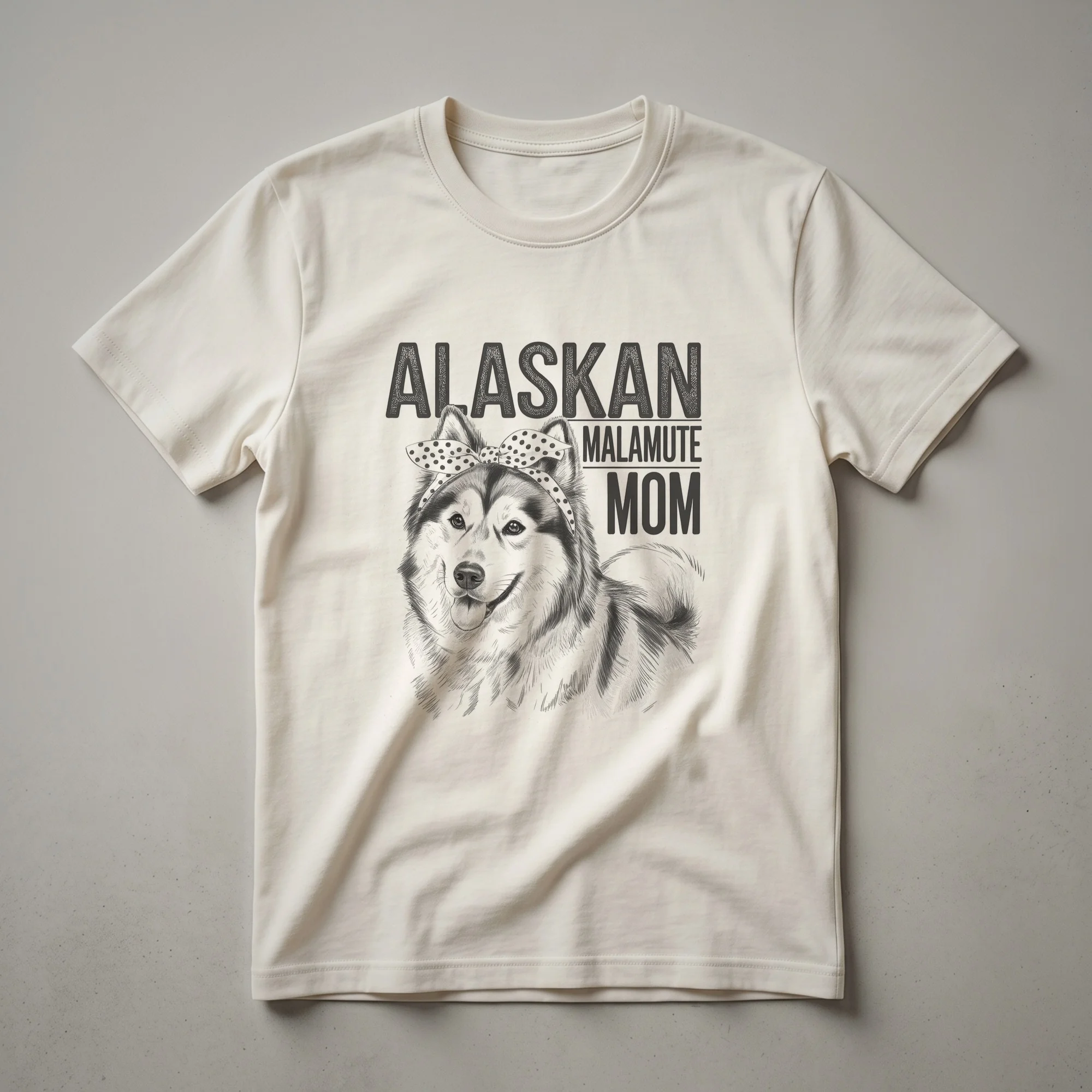 White graphic t-shirt featuring a stylized Alaskan Malamute head with floral accents and the text 'Alaskan Malamute Mom' in a decorative font.