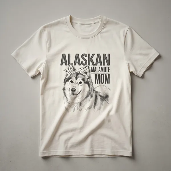 White graphic t-shirt featuring a stylized Alaskan Malamute head with floral accents and the text 'Alaskan Malamute Mom' in a decorative font.