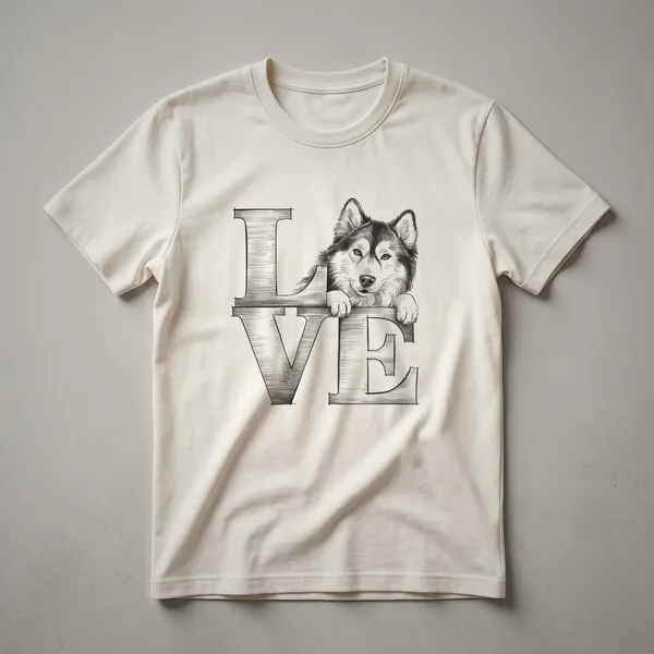 Black t-shirt featuring a graphic of an Alaskan Malamute dog's head with a heart symbol, designed for him and her.