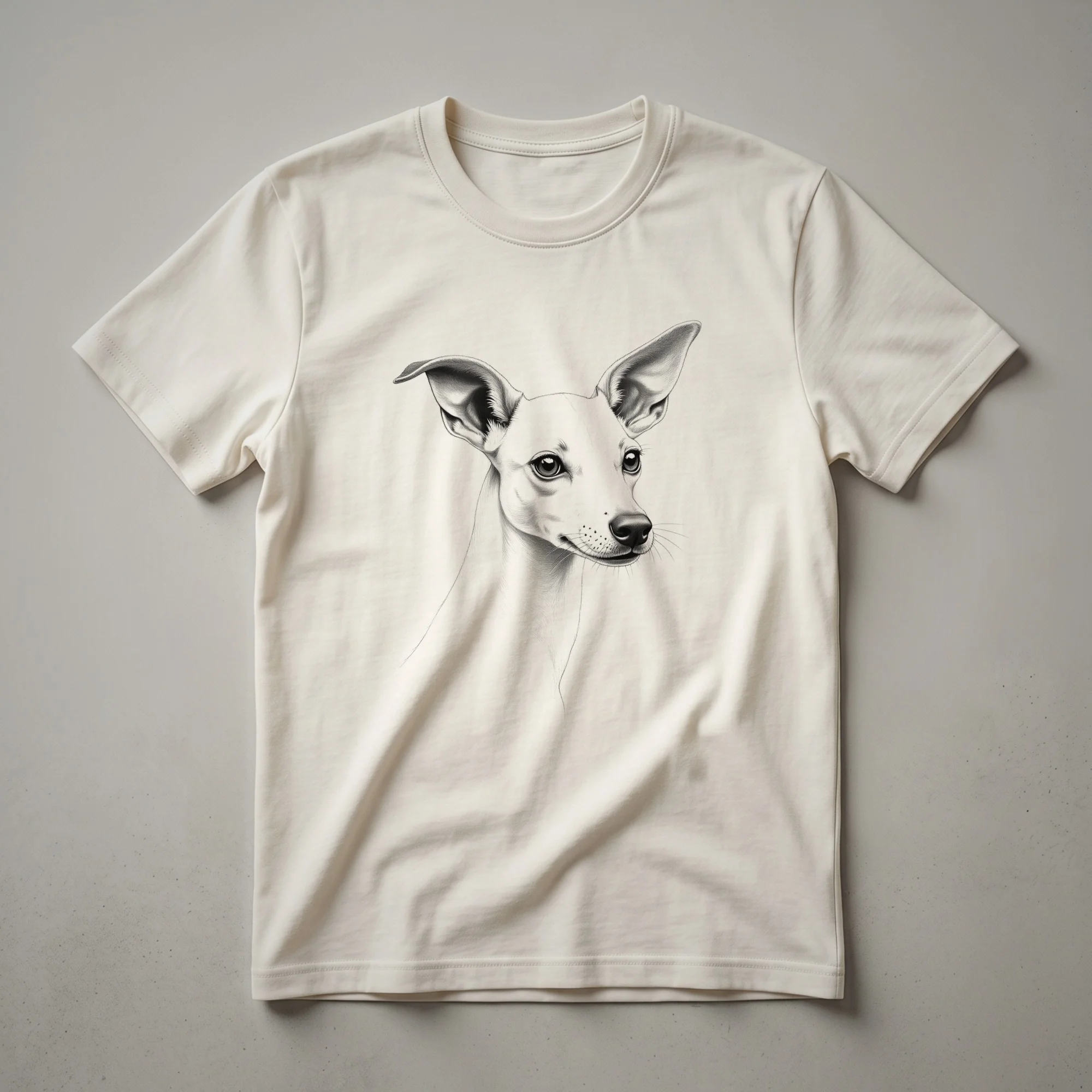 A white graphic t-shirt featuring a stylized whippet face with floral elements in shades of pink, purple, and green.