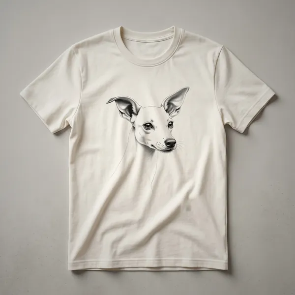 A white graphic t-shirt featuring a stylized whippet face with floral elements in shades of pink, purple, and green.
