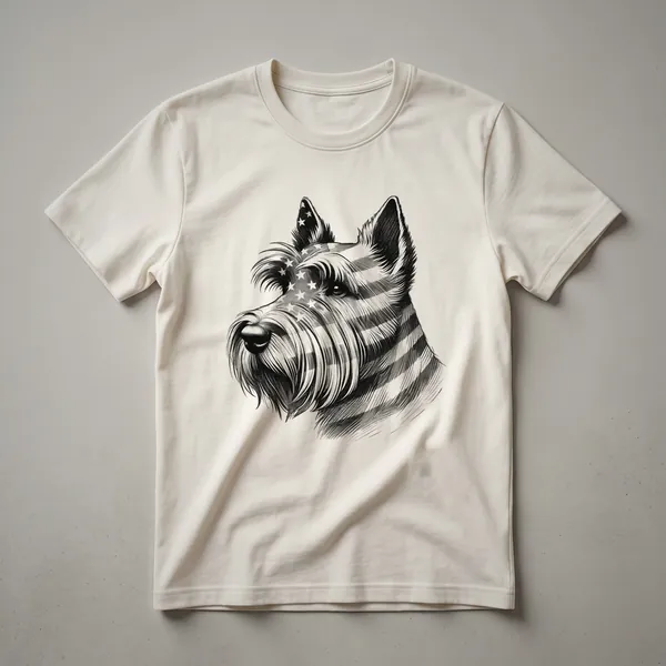 White t-shirt featuring a graphic of a Scottish Terrier dog wearing sunglasses with an American flag design, set against a plain background.
