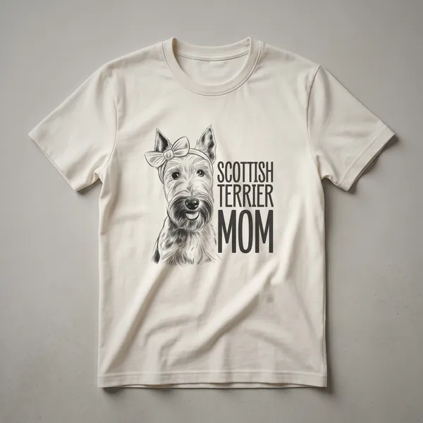 Black t-shirt featuring a stylized graphic of a Scottish Terrier dog's head with the text 'Scottish Terrier Mom'.