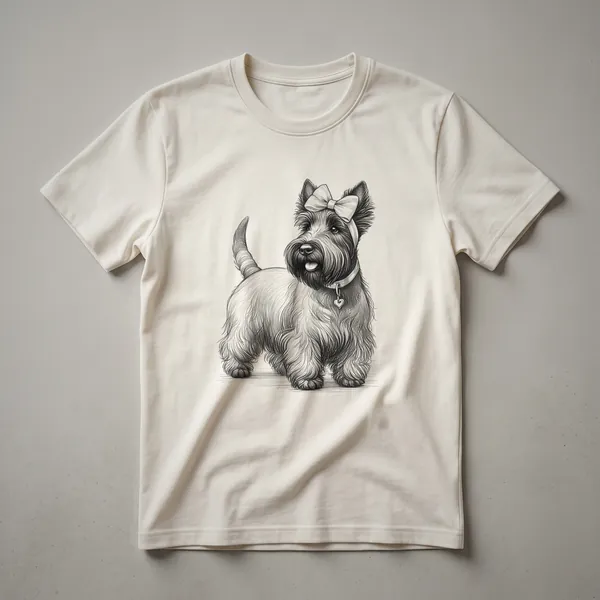 White t-shirt with a graphic illustration of a black Scottish Terrier dog peeking from the left side.