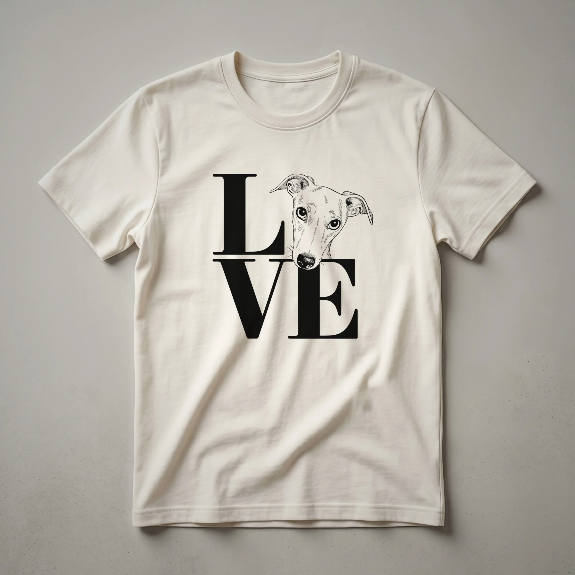 White graphic t-shirt featuring a black whippet silhouette adorned with colorful floral elements, designed for dog owners.