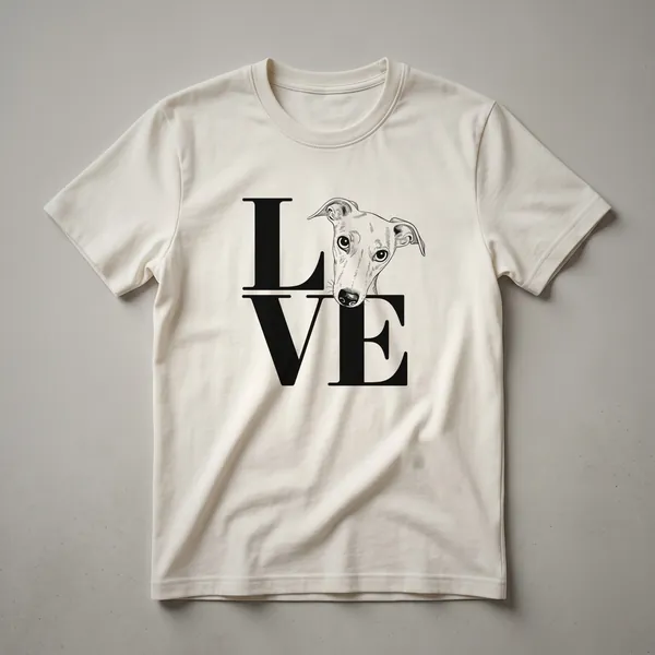 White graphic t-shirt featuring a black whippet silhouette adorned with colorful floral elements, designed for dog owners.