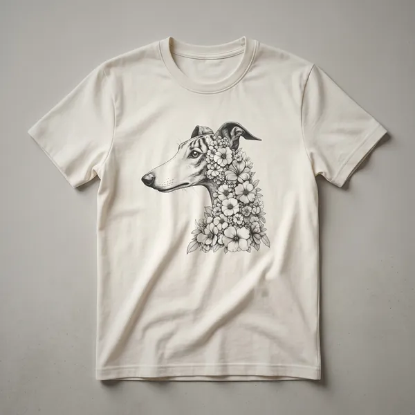 White graphic t-shirt featuring a whippet dog silhouette filled with a colorful floral pattern, designed for girls and women who love whippets.