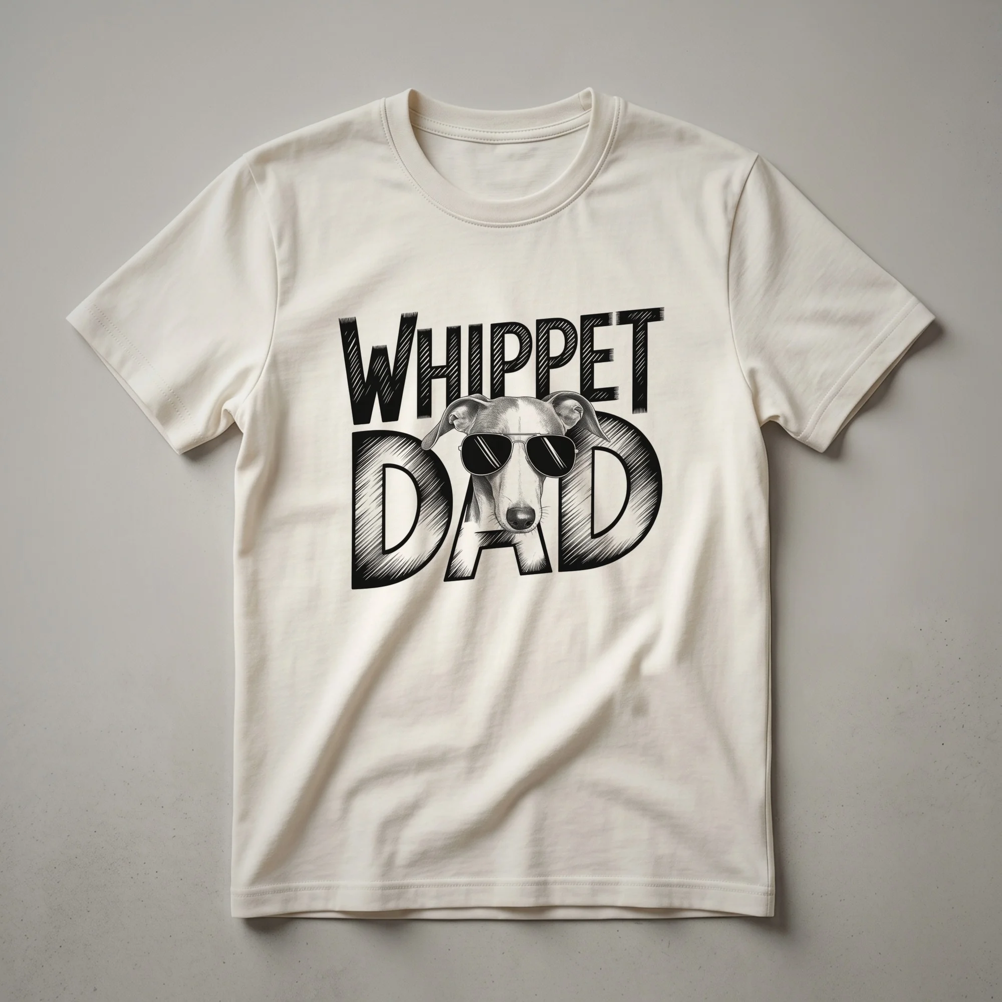 A black graphic t-shirt featuring a white silhouette of a Whippet dog with floral elements and the text 'Whippet Love Dad'.