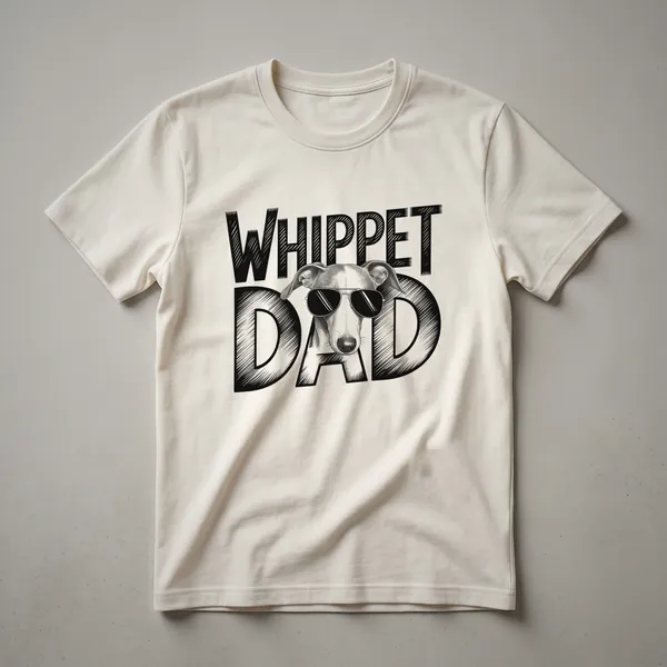 A black graphic t-shirt featuring a white silhouette of a Whippet dog with floral elements and the text 'Whippet Love Dad'.