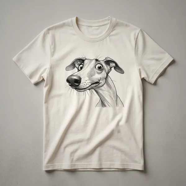 White whippet dog peeking over the bottom edge of a t-shirt, with a playful cartoon style.