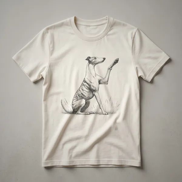 A white graphic t-shirt with a black design of a whippet raising its paw surrounded by floral elements.