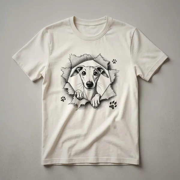 White graphic t-shirt featuring a whippet's head peeking from behind a colorful floral arrangement with green leaves.