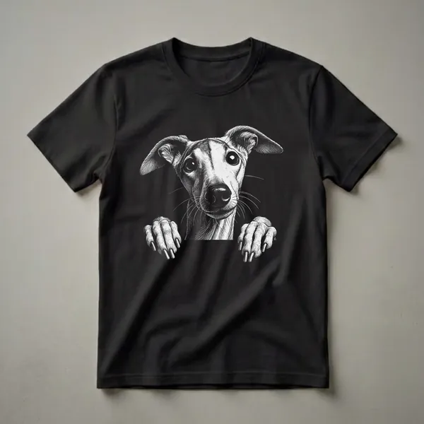Black and white scratchboard graphic t-shirt featuring a whippet's head and paws peeking over a dark surface.