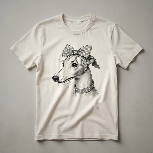 White graphic t-shirt featuring a floral design of a whippet dog's head, with the text 'Dog Mom' incorporated.