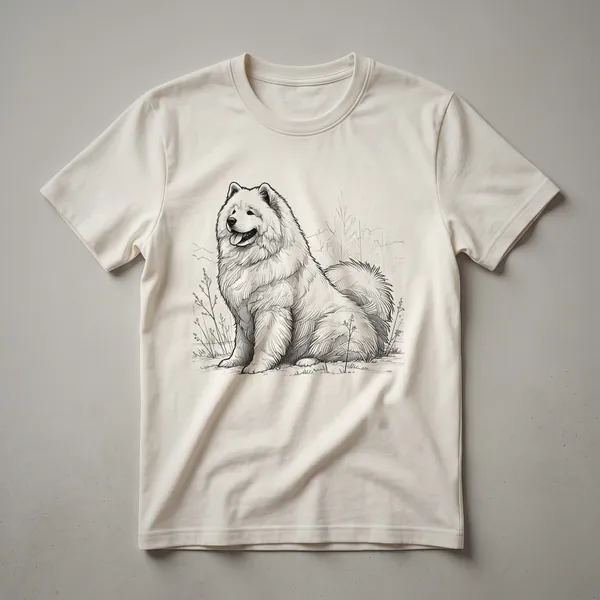 White graphic t-shirt featuring a stylized Samoyed dog face surrounded by colorful floral elements, designed for dog owners.