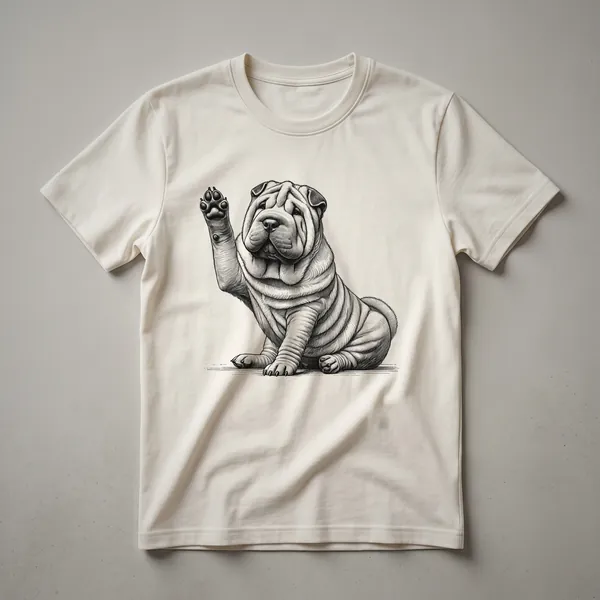White t-shirt with a graphic of a cartoon Chinese Shar Pei dog with a wrinkled face and one paw raised, set against a black background.