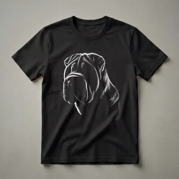 Black and white line art illustration of a Chinese Shar-Pei dog's face, showing its wrinkled features and textured fur against a black background.