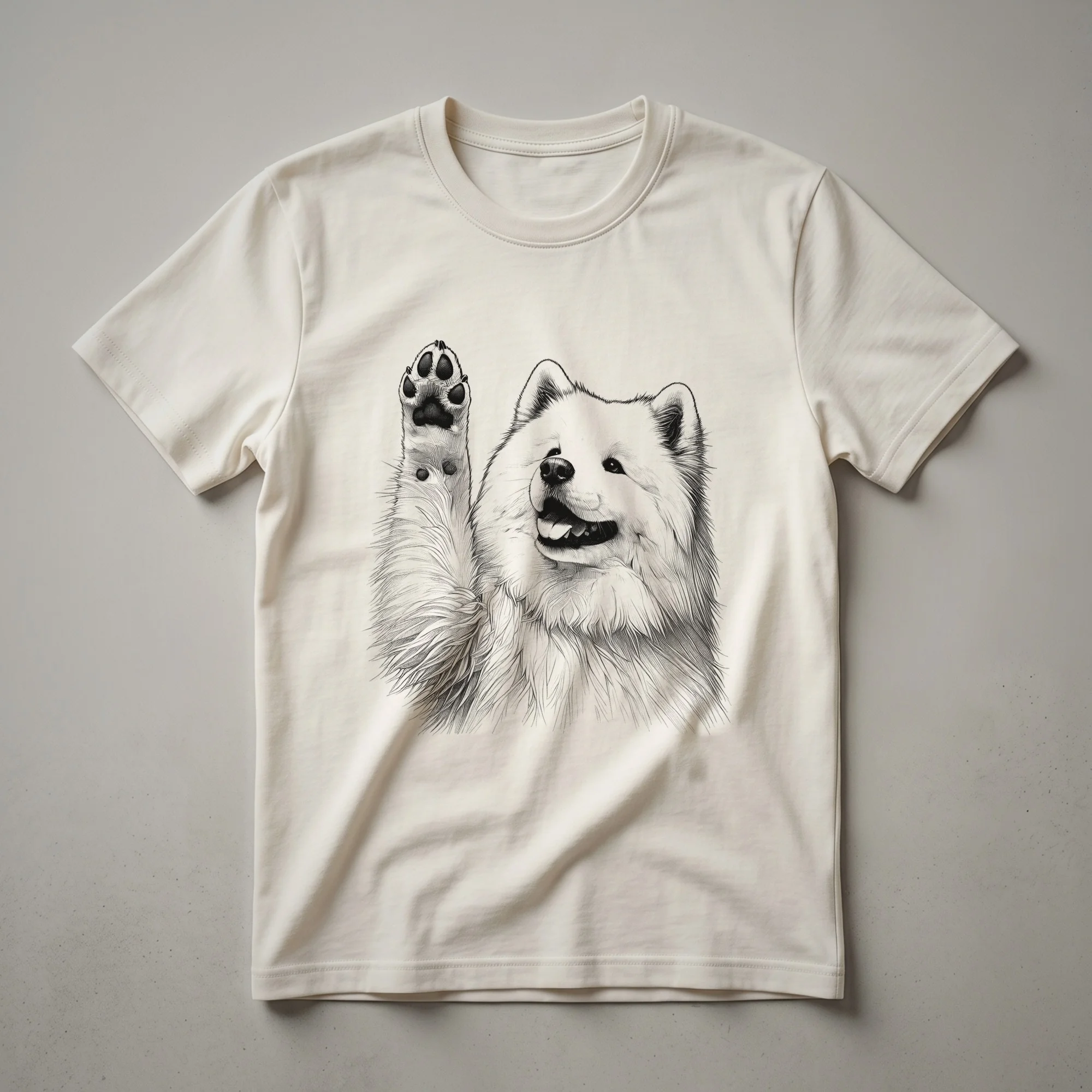 White graphic t-shirt featuring a Samoyed dog raising its paw amidst a floral design.