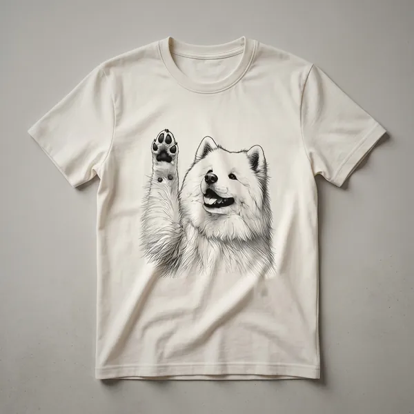 White graphic t-shirt featuring a Samoyed dog raising its paw amidst a floral design.