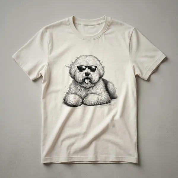 White graphic t-shirt featuring an Old English Sheepdog wearing dark sunglasses with a patriotic-themed background.