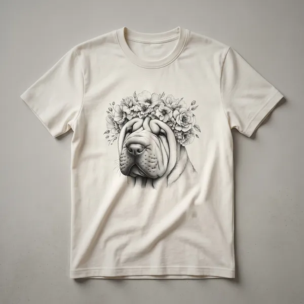 A white graphic t-shirt with a floral design featuring a Chinese Shar Pei dog illustration.