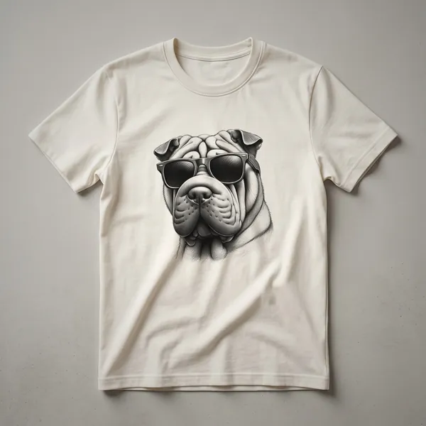 Black Chinese Shar Pei dog wearing dark sunglasses, printed on a white t-shirt with a distressed graphic effect.