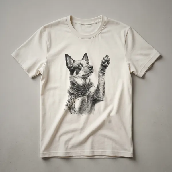 Black t-shirt with a graphic design of an Australian Cattle Dog silhouette in white, with a paw print integrated into the design.