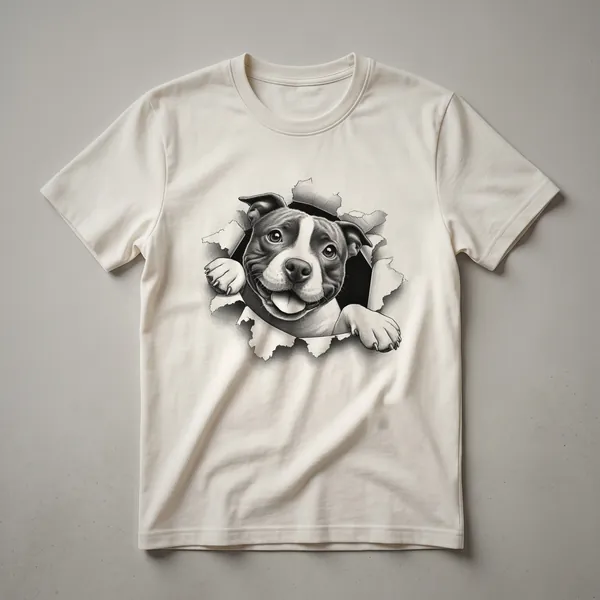 White graphic t-shirt with a cartoon Staffordshire Bull Terrier peeking from the bottom edge, showing its head and front paws.
