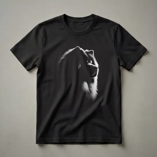 Black and white graphic t-shirt featuring the profile of a Chow Chow dog's head with detailed fur texture against a black background.