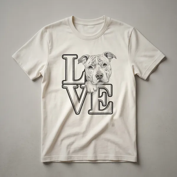 A white graphic t-shirt featuring a black outline of a Staffordshire Bull Terrier head with a red heart symbol integrated into the design.