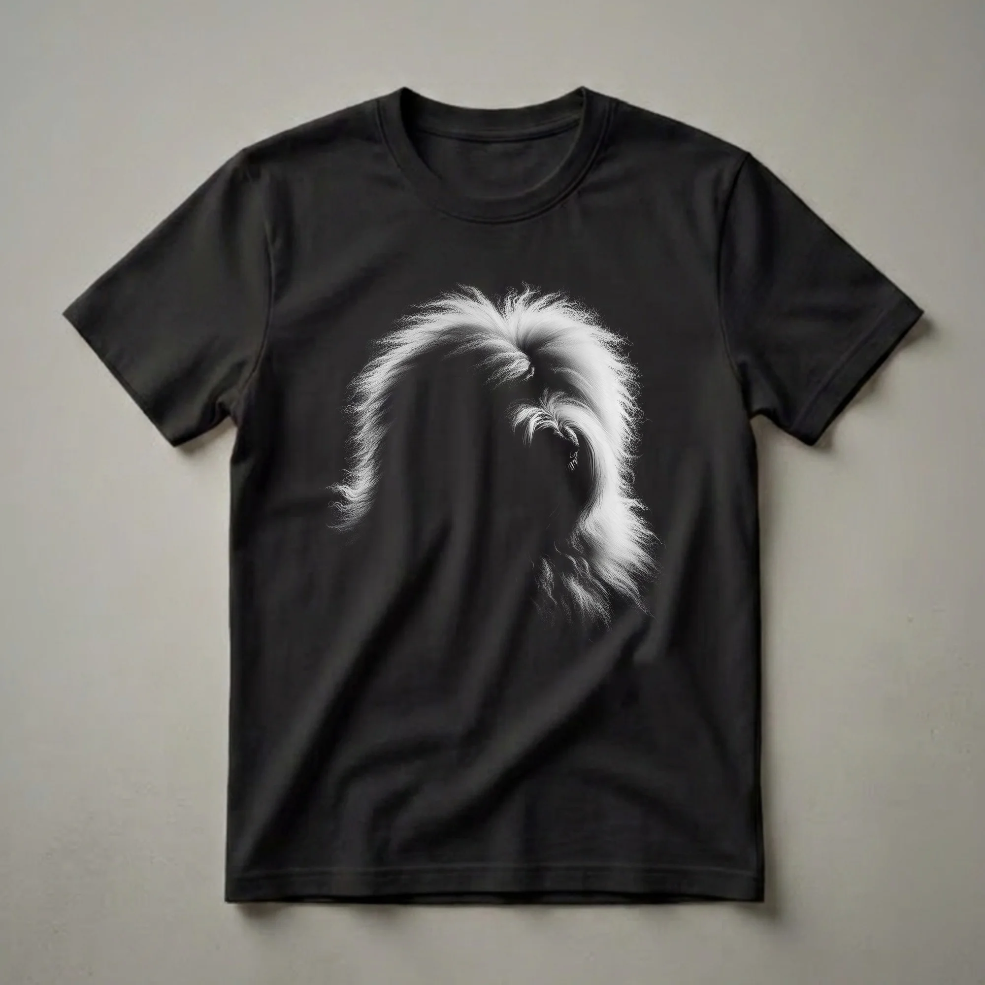 Black and white graphic t-shirt featuring the artistic face of an Old English Sheepdog with its characteristic shaggy fur prominently displayed against a black background.
