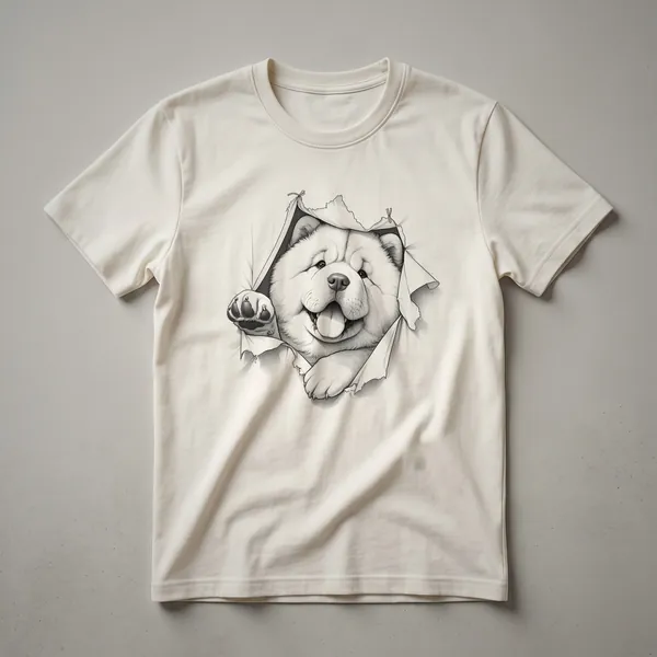 Black t-shirt with a graphic of a cartoon Chow Chow dog peeking over the bottom edge, with its head and front paws visible.