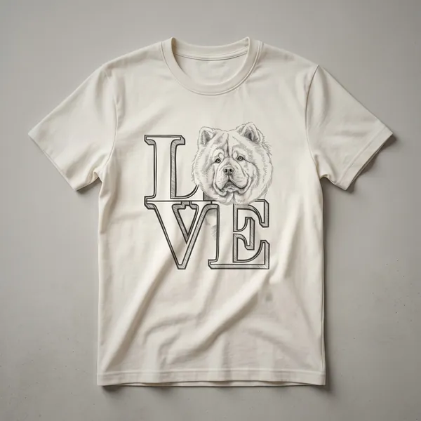 White t-shirt with a graphic design of a Chow Chow dog surrounded by colorful flowers and the text 'Chow Chow Love'.