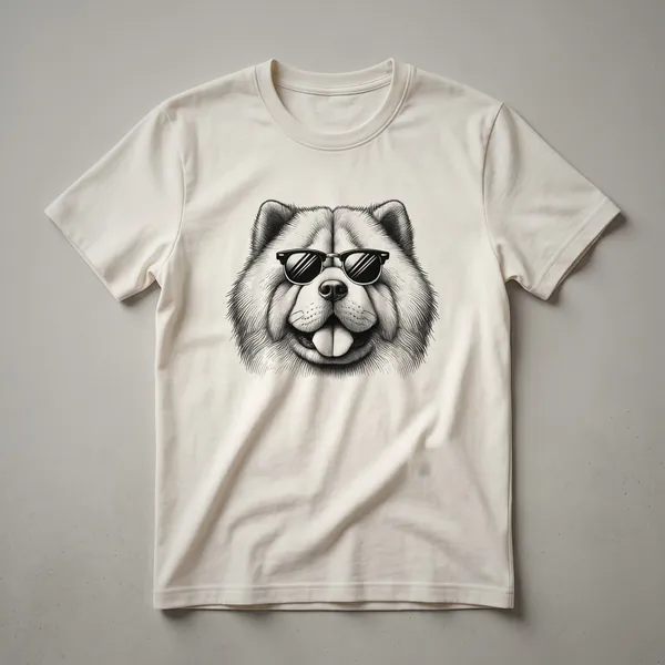 A white graphic t-shirt featuring a stylized portrait of a Chow Chow dog with its distinctive mane and the text 'Chow Chow Dad'.
