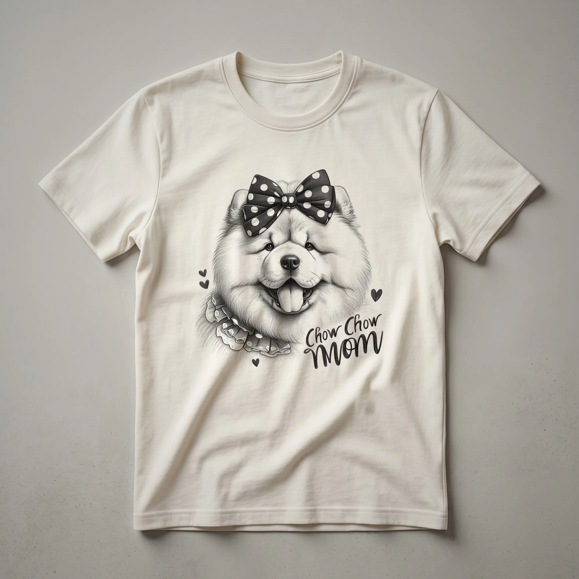 A black t-shirt with a graphic design of a Chow Chow dog's head and mane in white and grey.