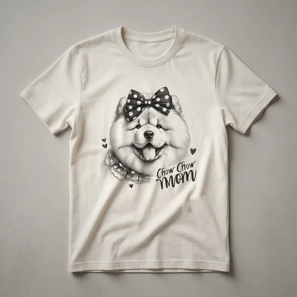 A black t-shirt with a graphic design of a Chow Chow dog's head and mane in white and grey.