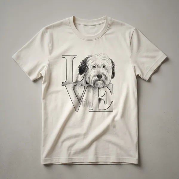 Black t-shirt with a graphic design of a stylized Old English Sheepdog with a heart symbol, representing dog love.