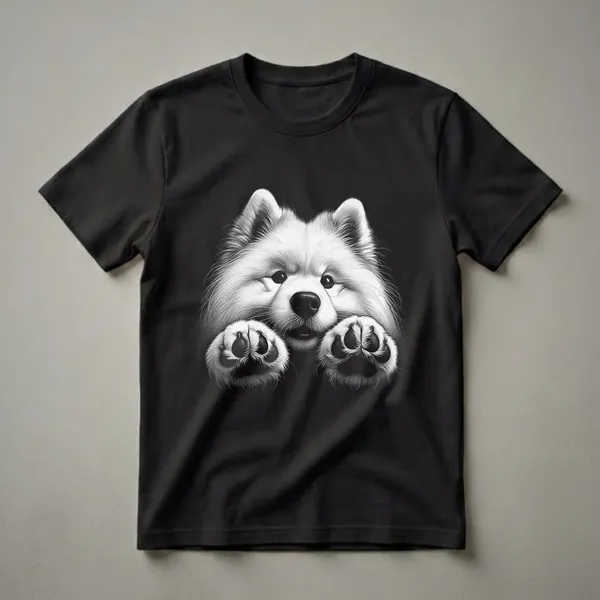 Black and white graphic t-shirt featuring a close-up sketch of a Samoyed dog's face and paws peeking over the bottom edge of the shirt.