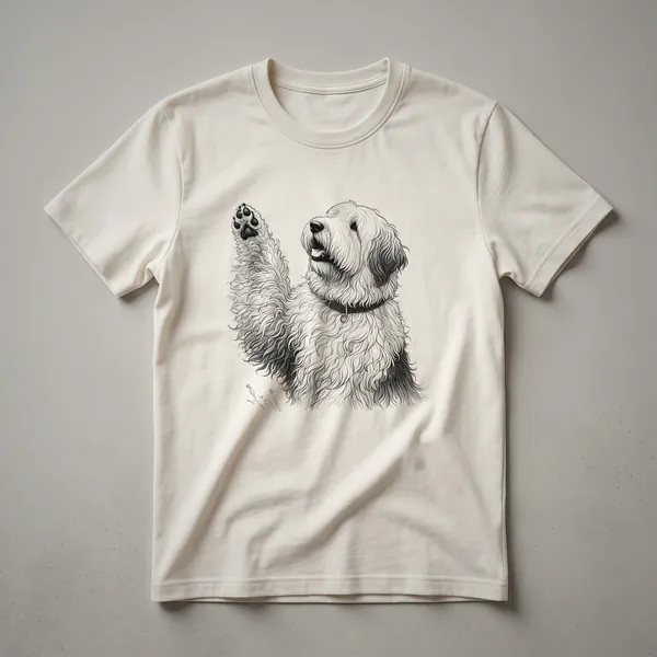 A graphic t-shirt featuring a dog paw print with the words 'Old English Sheepdog' inside, presented on a white background.