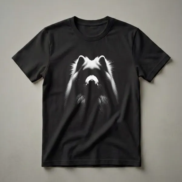 Black and white graphic t-shirt featuring the face of a Samoyed dog with detailed fur texture and whiskers.