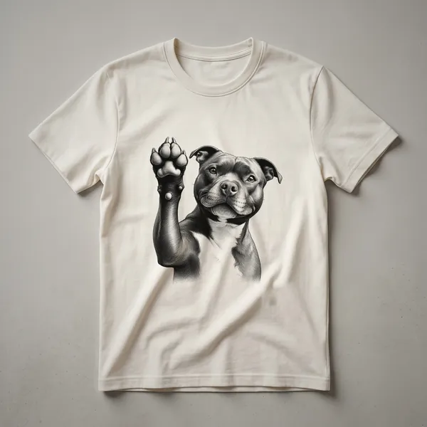 White graphic t-shirt featuring a black and white illustration of a Staffordshire Bull Terrier's head peeking over a black paw print.