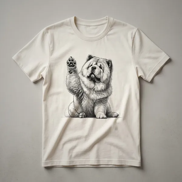White t-shirt with a cartoon Chow Chow dog illustration peeking from the bottom, raising its paw, with a fluffy mane and dark eyes.