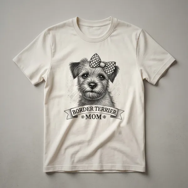 White graphic t-shirt featuring a black and white illustration of a Border Terrier dog's head with alert ears and a friendly expression.
