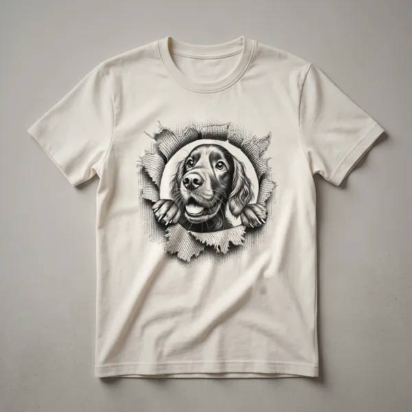 White graphic t-shirt featuring a peeking Irish Setter dog with a distressed line design.