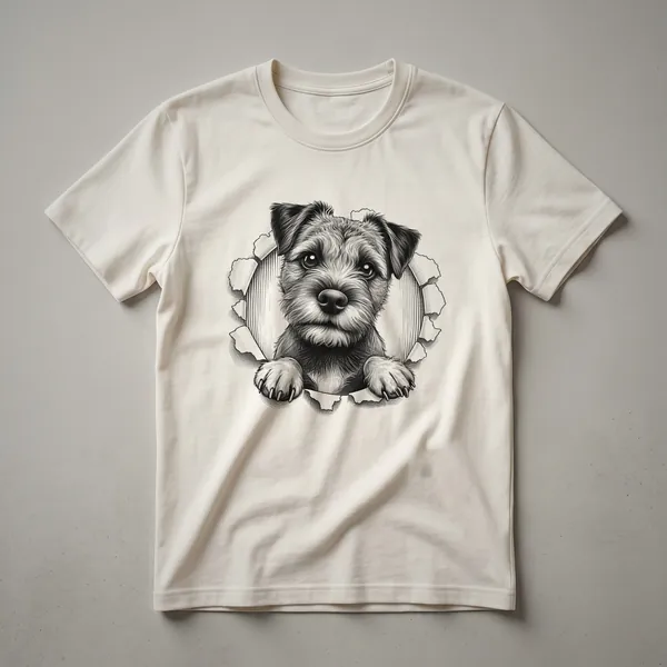 White graphic t-shirt featuring a black and tan Border Terrier dog peeking from the bottom edge of the design.