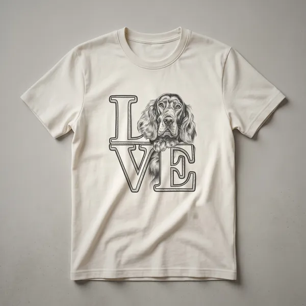 White t-shirt featuring a graphic of an Irish Setter dog's head with a heart shape integrated into its outline, symbolizing dog love.