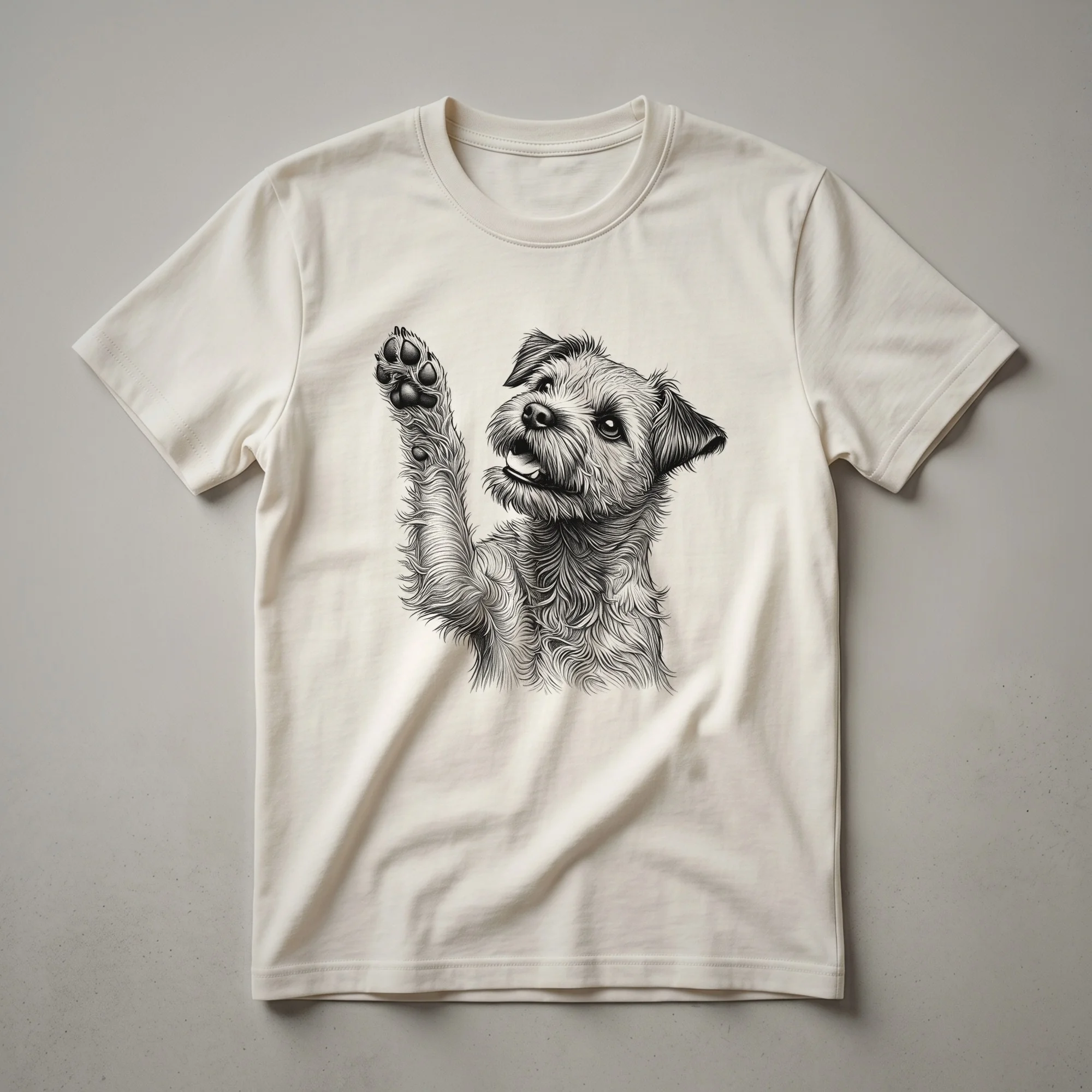 White Border Terrier dog raising its front paw in a graphic illustration on a white t-shirt.